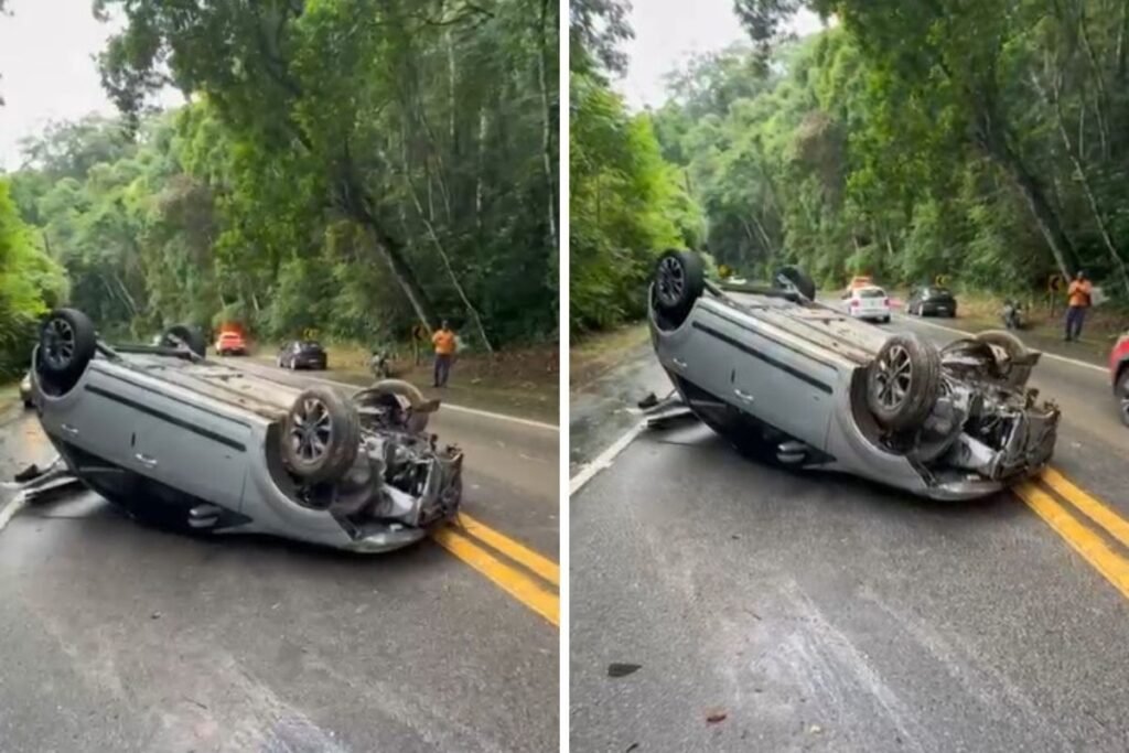 Carro capota na Rodovia Rio-Santos e provoca interdição em São Sebastião em Trânsito e Estradas